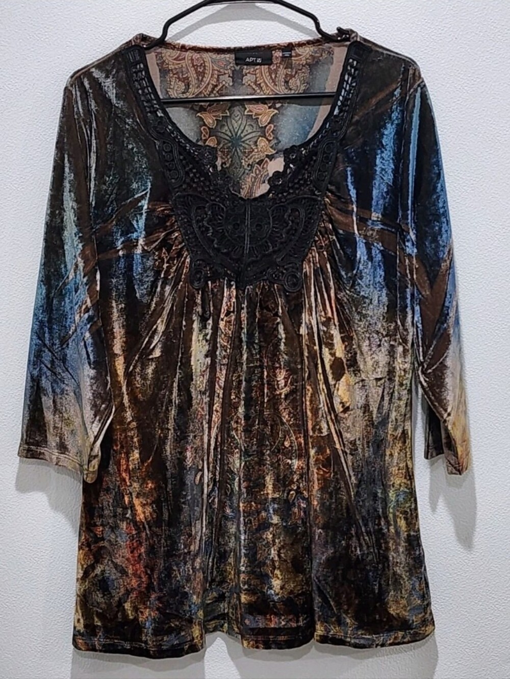 Apt 9 Velour Top Size 2X Fairy Grunge Witchy 3/4 Sleeves Crochet Lace